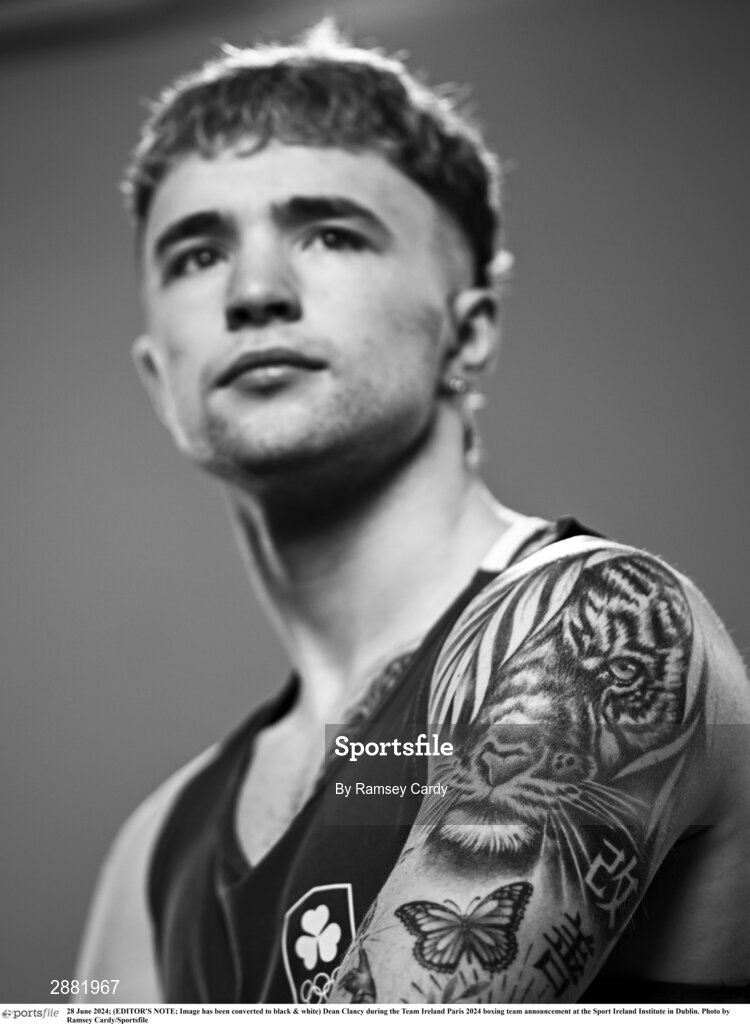 28 June 2024; (EDITOR'S NOTE; Image has been converted to black & white) Dean Clancy during the Team Ireland Paris 2024 boxing team announcement at the Sport Ireland Institute in Dublin. Photo by Ramsey Cardy/Sportsfile