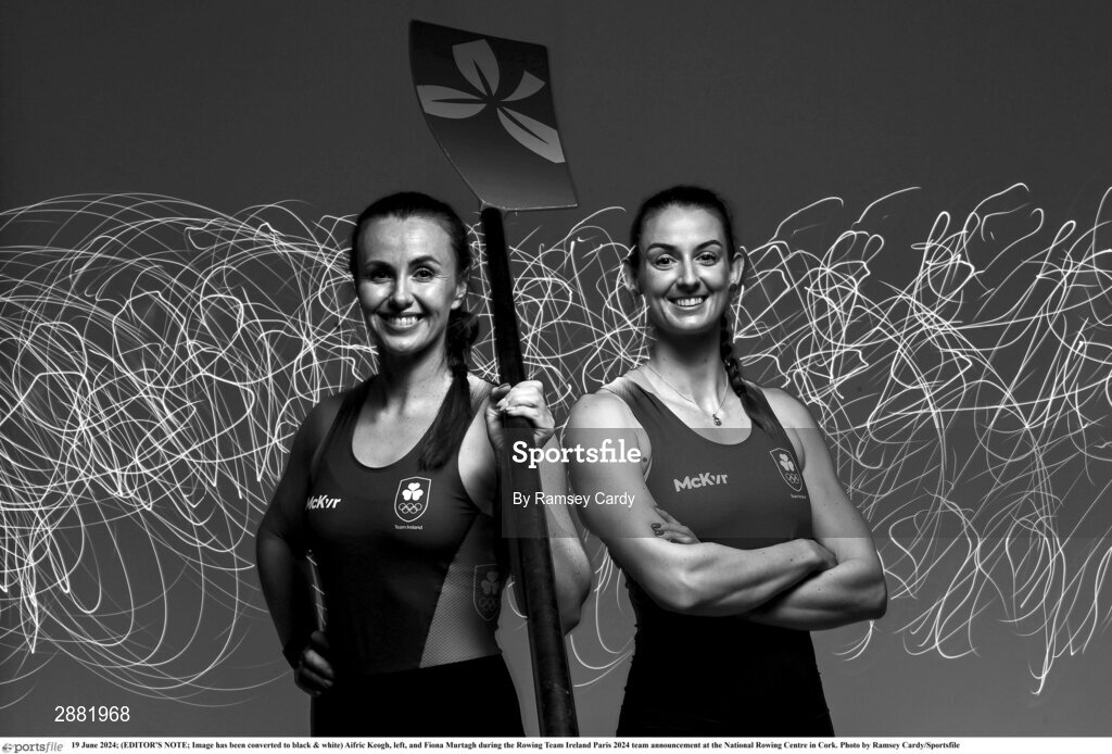 19 June 2024; (EDITOR'S NOTE; Image has been converted to black & white) Aifric Keogh, left, and Fiona Murtagh during the Rowing Team Ireland Paris 2024 team announcement at the National Rowing Centre in Cork. Photo by Ramsey Cardy/Sportsfile