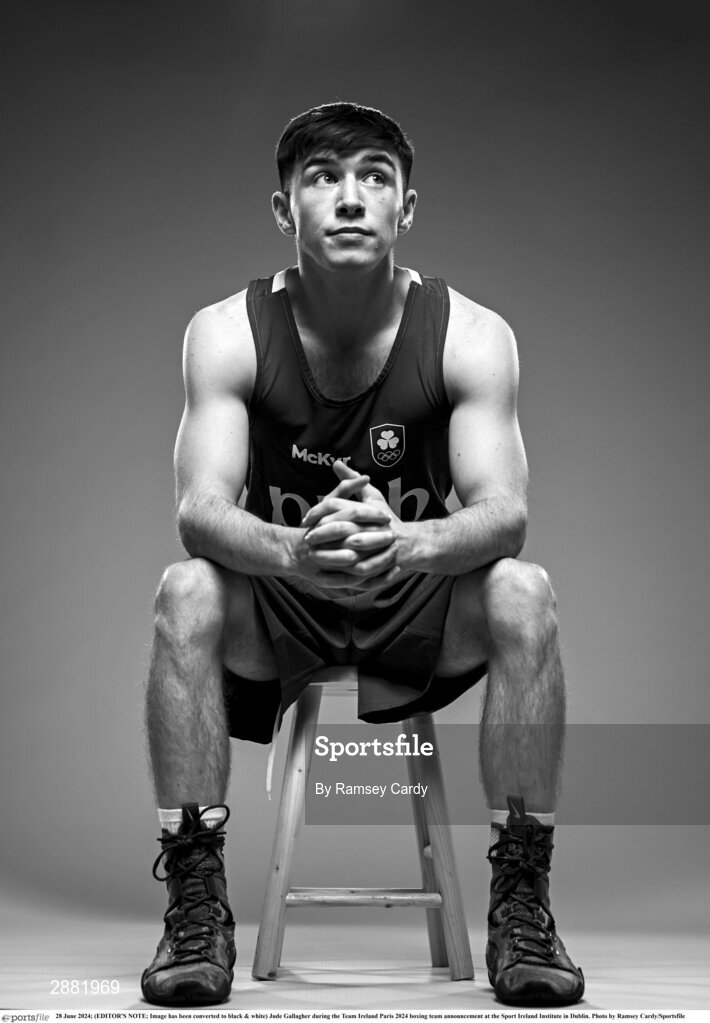 28 June 2024; (EDITOR'S NOTE; Image has been converted to black & white) Jude Gallagher during the Team Ireland Paris 2024 boxing team announcement at the Sport Ireland Institute in Dublin. Photo by Ramsey Cardy/Sportsfile