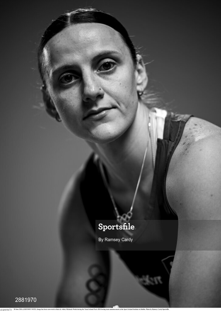 28 June 2024; (EDITOR'S NOTE; Image has been converted to black & white) Michaela Walsh during the Team Ireland Paris 2024 boxing team announcement at the Sport Ireland Institute in Dublin. Photo by Ramsey Cardy/Sportsfile