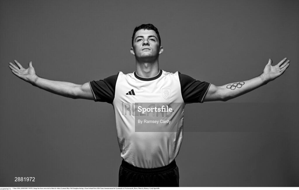 5 June 2024; (EDITOR'S NOTE; Image has been converted to black & white) Gymnast Rhys McClenaghan during a Team Ireland Paris 2024 Team Announcement for Gymnastics in Newtownards, Down. Photo by Ramsey Cardy/Sportsfile