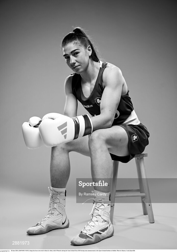 28 June 2024; (EDITOR'S NOTE; Image has been converted to black & white) Aoife O'Rourke during the Team Ireland Paris 2024 boxing team announcement at the Sport Ireland Institute in Dublin. Photo by Ramsey Cardy/Sportsfile