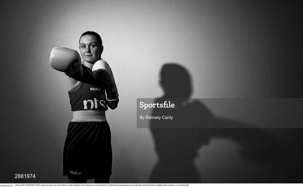 28 June 2024; (EDITOR'S NOTE; Image has been converted to black & white) Jennifer Lehane during the Team Ireland Paris 2024 boxing team announcement at the Sport Ireland Institute in Dublin. Photo by Ramsey Cardy/Sportsfile