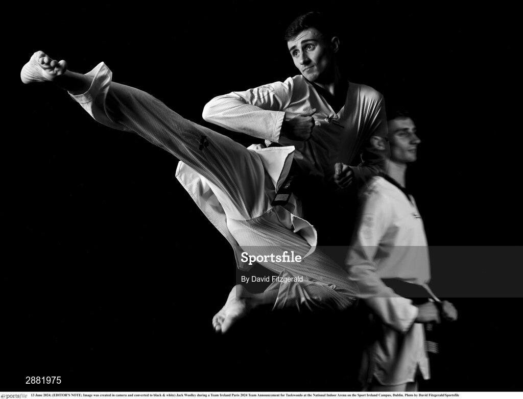 13 June 2024; (EDITOR'S NOTE; Image was created in camera and converted to black & white) Jack Woolley during a Team Ireland Paris 2024 Team Announcement for Taekwondo at the National Indoor Arena on the Sport Ireland Campus, Dublin. Photo by David Fitzgerald/Sportsfile