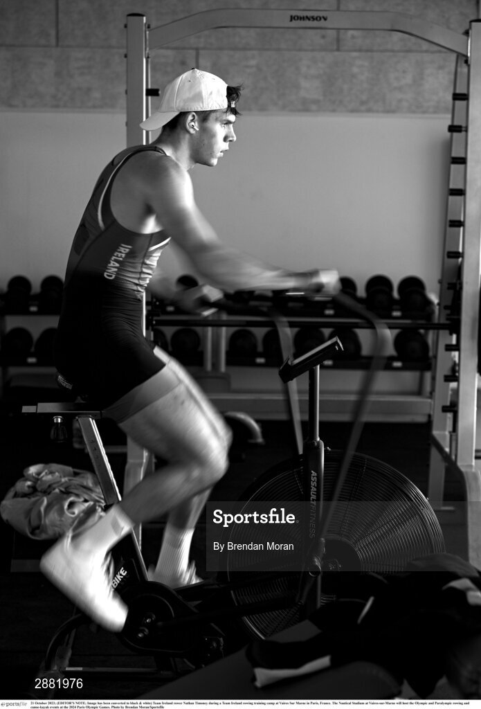 21 October 2023; (EDITOR'S NOTE; Image has been converted to black & white) Team Ireland rower Nathan Timoney during a Team Ireland rowing training camp at Vaires Sur Marne in Paris, France. The Nautical Stadium at Vaires-sur-Marne will host the Olympic and Paralympic rowing and canoe-kayak events at the 2024 Paris Olympic Games. Photo by Brendan Moran/Sportsfile