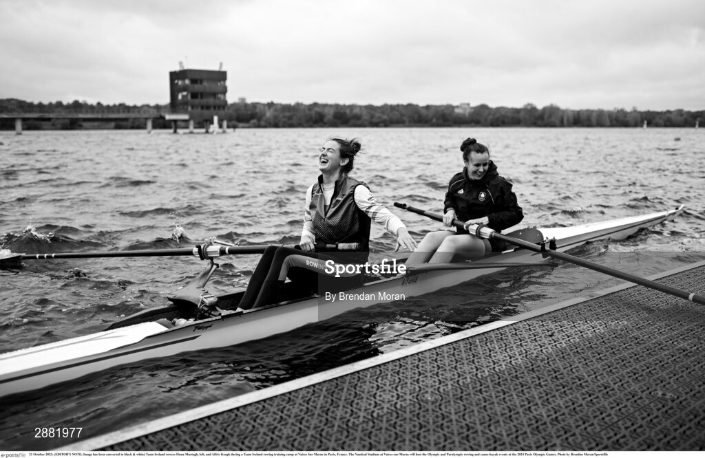 21 October 2023; (EDITOR'S NOTE; Image has been converted to black & white) Team Ireland rowers Fiona Murtagh, left, and Aifric Keogh during a Team Ireland rowing training camp at Vaires Sur Marne in Paris, France. The Nautical Stadium at Vaires-sur-Marne will host the Olympic and Paralympic rowing and canoe-kayak events at the 2024 Paris Olympic Games. Photo by Brendan Moran/Sportsfile