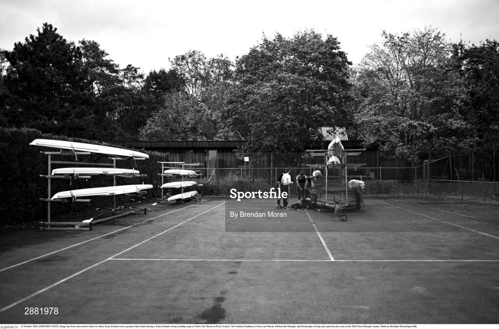 21 October 2023; (EDITOR'S NOTE; Image has been converted to black & white) Team Ireland rowers prepare their boats during a Team Ireland rowing training camp at Vaires Sur Marne in Paris, France. The Nautical Stadium at Vaires-sur-Marne will host the Olympic and Paralympic rowing and canoe-kayak events at the 2024 Paris Olympic Games. Photo by Brendan Moran/Sportsfile
