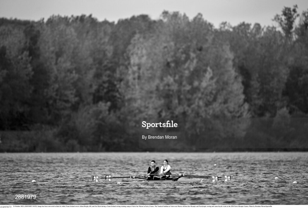 21 October 2023; (EDITOR'S NOTE; Image has been converted to black & white) Team Ireland rowers Alison Bergin, left, and Zoe Hyde during a Team Ireland rowing training camp at Vaires Sur Marne in Paris, France. The Nautical Stadium at Vaires-sur-Marne will host the Olympic and Paralympic rowing and canoe-kayak events at the 2024 Paris Olympic Games. Photo by Brendan Moran/Sportsfile