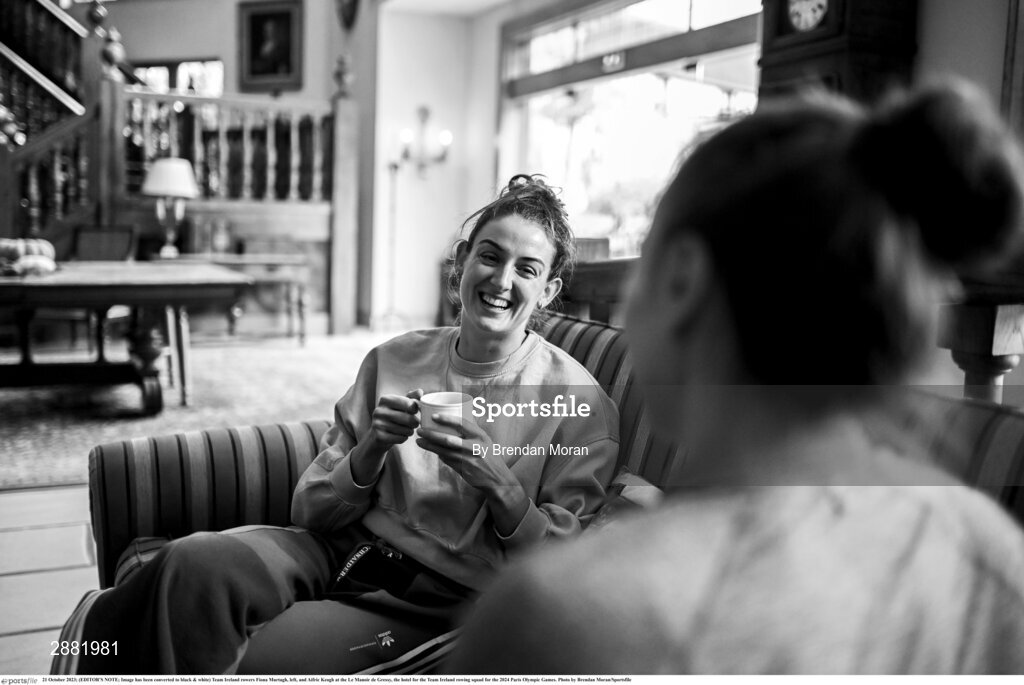21 October 2023; (EDITOR'S NOTE; Image has been converted to black & white) Team Ireland rowers Fiona Murtagh, left, and Aifric Keogh at the Le Manoir de Gressy, the hotel for the Team Ireland rowing squad for the 2024 Paris Olympic Games. Photo by Brendan Moran/Sportsfile
