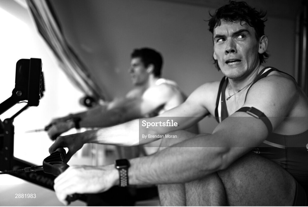 21 October 2023; (EDITOR'S NOTE; Image has been converted to black & white) Team Ireland rowers Ross Corrigan, right, and Philip Doyle during a Team Ireland rowing training camp at Vaires Sur Marne in Paris, France. The Nautical Stadium at Vaires-sur-Marne will host the Olympic and Paralympic rowing and canoe-kayak events at the 2024 Paris Olympic Games. Photo by Brendan Moran/Sportsfile