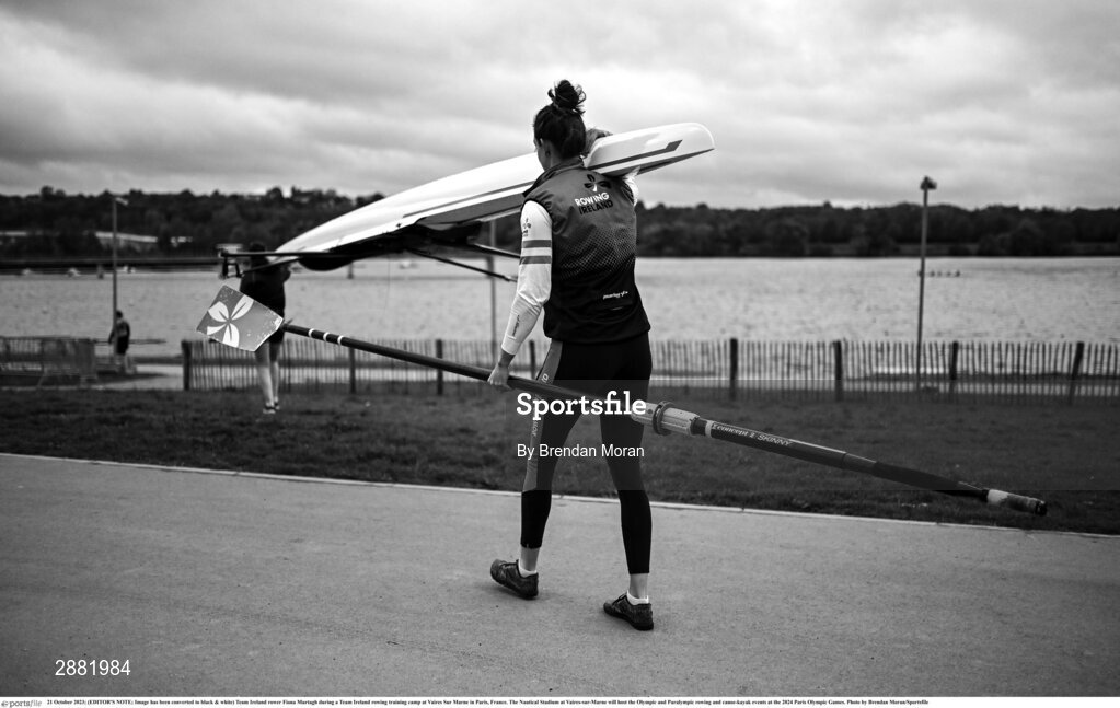 21 October 2023; (EDITOR'S NOTE; Image has been converted to black & white) Team Ireland rower Fiona Murtagh during a Team Ireland rowing training camp at Vaires Sur Marne in Paris, France. The Nautical Stadium at Vaires-sur-Marne will host the Olympic and Paralympic rowing and canoe-kayak events at the 2024 Paris Olympic Games. Photo by Brendan Moran/Sportsfile