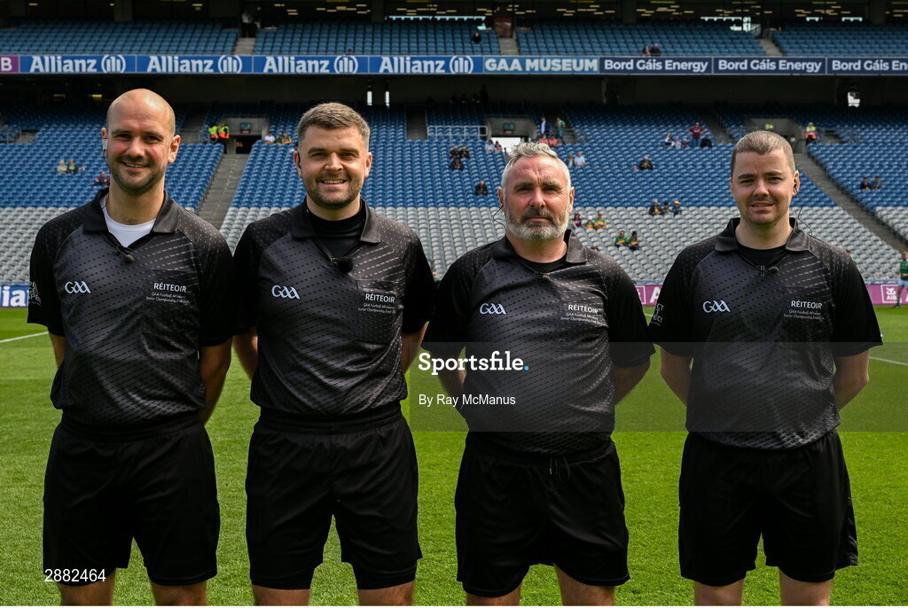 14 July 2024; Referee Conor Dourneen and officials before the GAA Football All-Ireland Junior Championship final between London and New York at Croke Park in Dublin. Photo by Ray McManus/Sportsfile