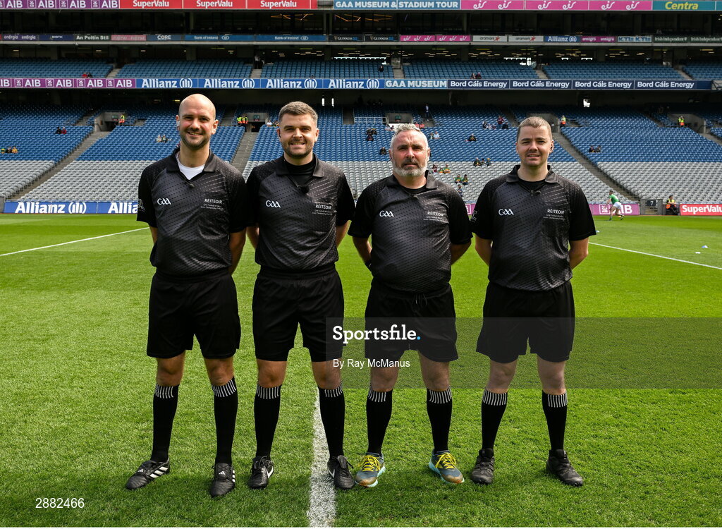 14 July 2024; Referee Conor Dourneen and officials before the GAA Football All-Ireland Junior Championship final between London and New York at Croke Park in Dublin. Photo by Ray McManus/Sportsfile