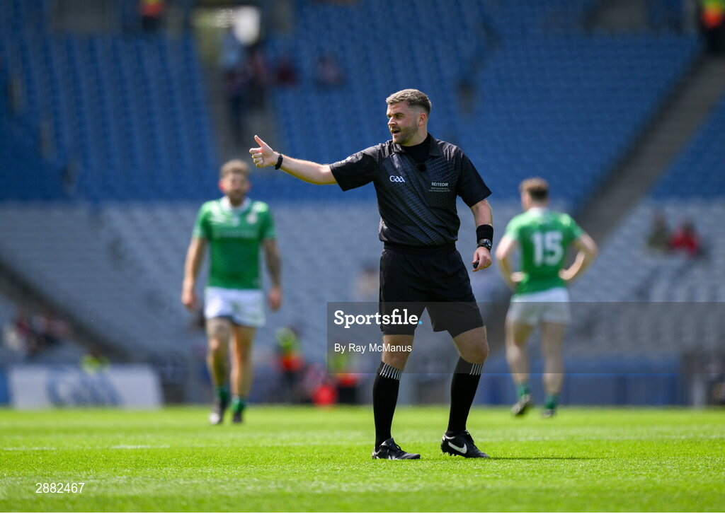 14 July 2024; Referee Conor Dourneen during the GAA Football All-Ireland Junior Championship final between London and New York at Croke Park in Dublin. Photo by Ray McManus/Sportsfile