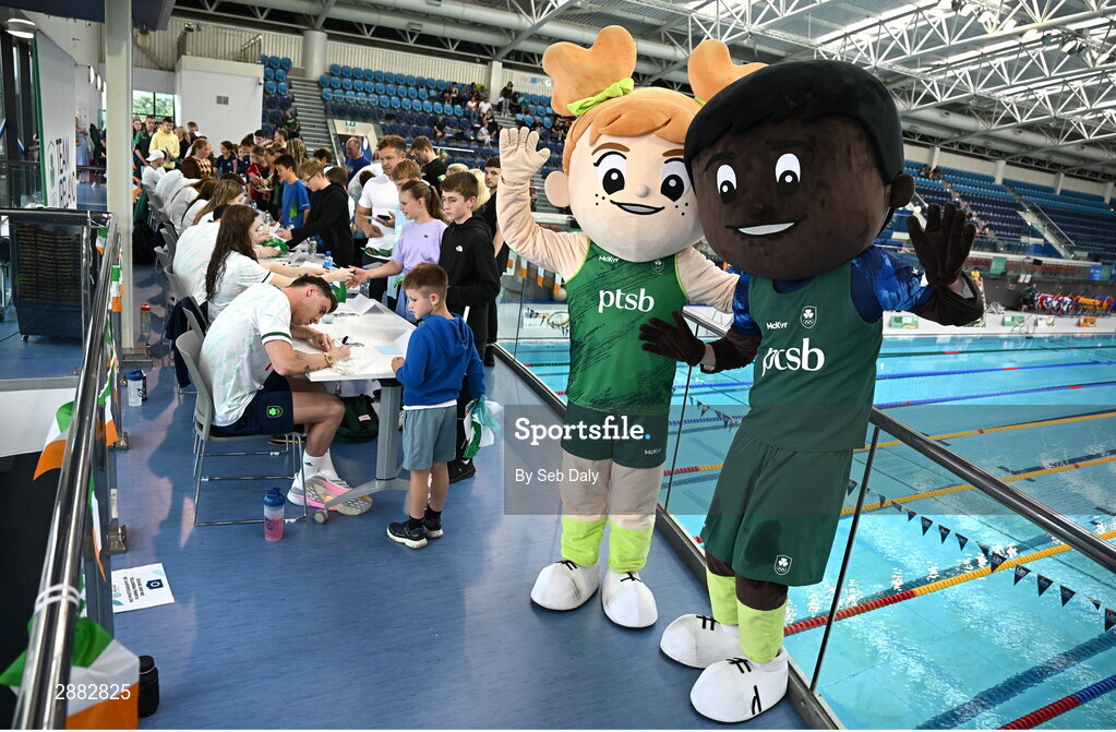20 July 2024; Team Ireland mascots during a Team Ireland Paris 2024 Aquatics team training session at the National Aquatic Centre on the Sport Ireland Campus in Dublin. Photo by Seb Daly/Sportsfile