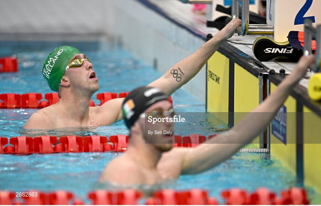 20 July 2024; Daniel Wiffen, left, and Nathan Wiffen during a Team Ireland Paris 2024 Aquatics team training session at the National Aquatic Centre on the Sport Ireland Campus in Dublin. Photo by Seb Daly/Sportsfile