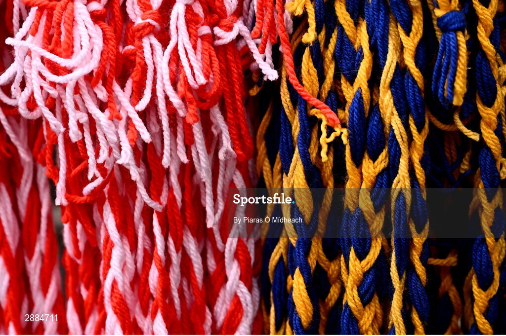21 July 2024; Cork and Clare headbands for sale outside the stadium before the GAA Hurling All-Ireland Senior Championship Final between Clare and Cork at Croke Park in Dublin. Photo by Piaras Ó Mídheach/Sportsfile
