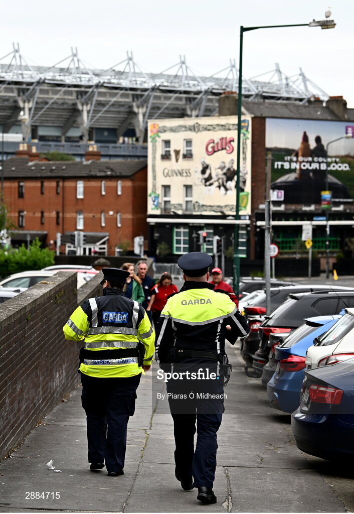 21 July 2024; Members of Garda Síochána make their way to the ground before the GAA Hurling All-Ireland Senior Championship Final between Clare and Cork at Croke Park in Dublin. Photo by Piaras Ó Mídheach/Sportsfile