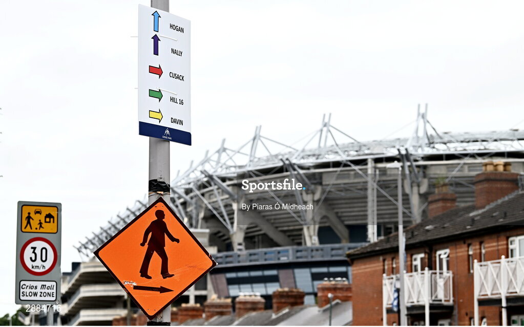 21 July 2024; Directional signage outside the stadium before the GAA Hurling All-Ireland Senior Championship Final between Clare and Cork at Croke Park in Dublin. Photo by Piaras Ó Mídheach/Sportsfile