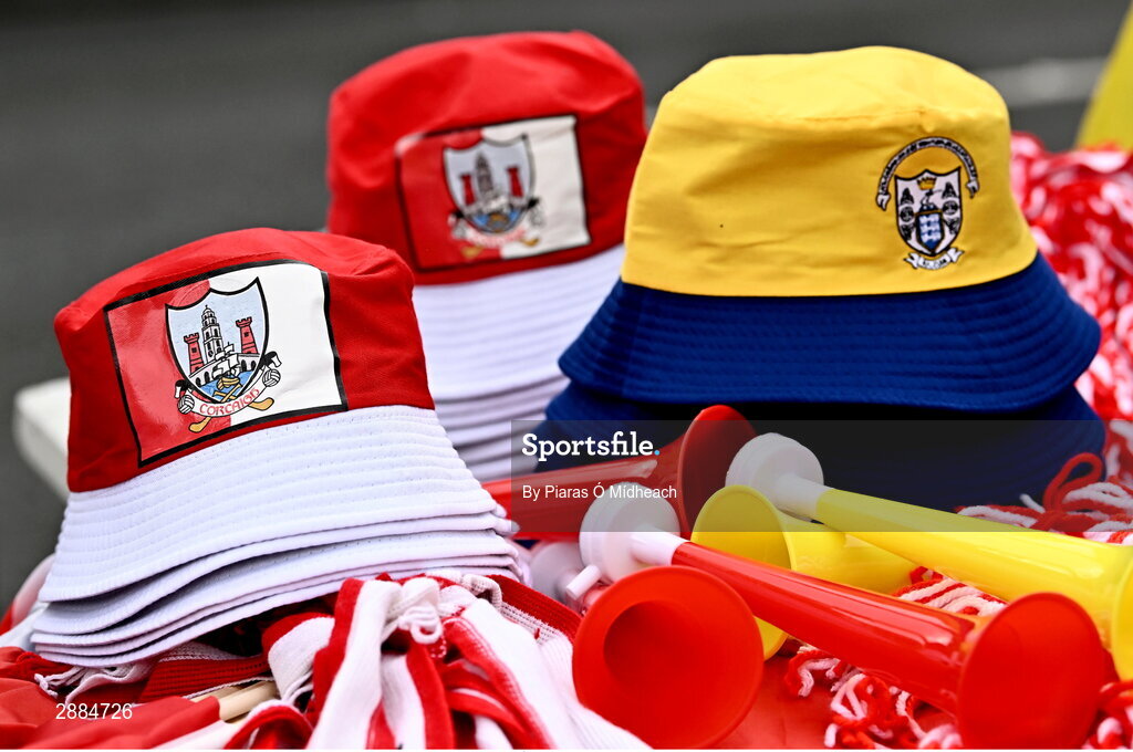 21 July 2024; Cork and Clare hats for sale outside the ground before the GAA Hurling All-Ireland Senior Championship Final between Clare and Cork at Croke Park in Dublin. Photo by Piaras Ó Mídheach/Sportsfile