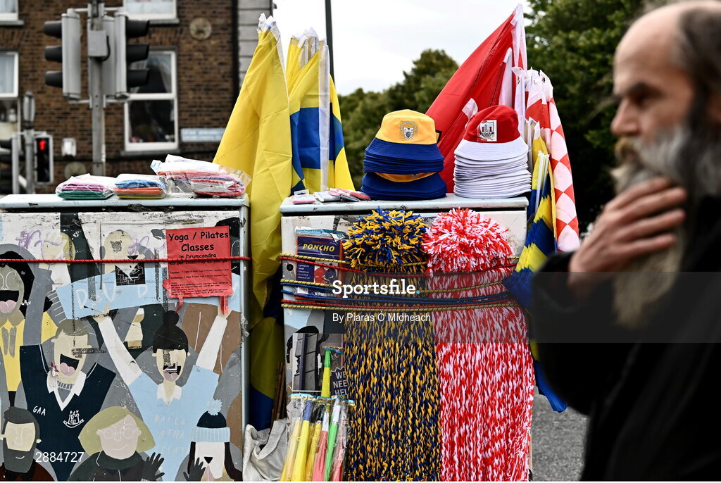 21 July 2024; Clare and Cork merchandise on sale outside the ground before the GAA Hurling All-Ireland Senior Championship Final between Clare and Cork at Croke Park in Dublin. Photo by Piaras Ó Mídheach/Sportsfile