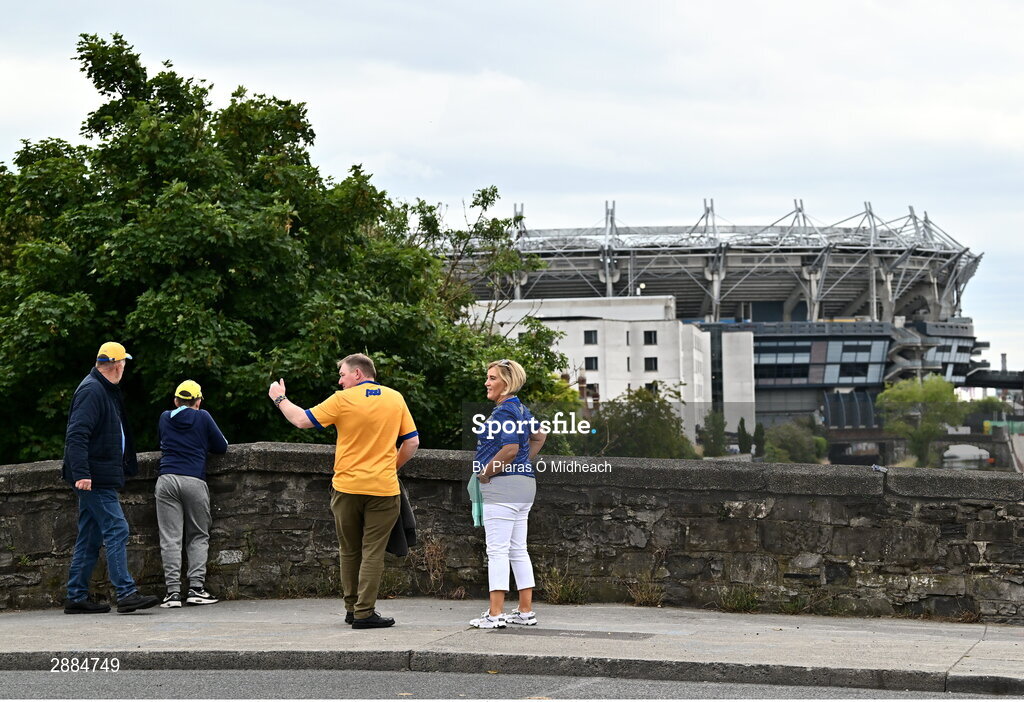 21 July 2024; Clare supporters near Croke Park before the GAA Hurling All-Ireland Senior Championship Final between Clare and Cork at Croke Park in Dublin. Photo by Piaras Ó Mídheach/Sportsfile