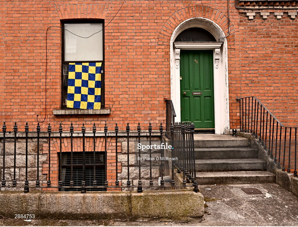 21 July 2024; A Clare flag on display in a house near the stadium before the GAA Hurling All-Ireland Senior Championship Final between Clare and Cork at Croke Park in Dublin. Photo by Piaras Ó Mídheach/Sportsfile