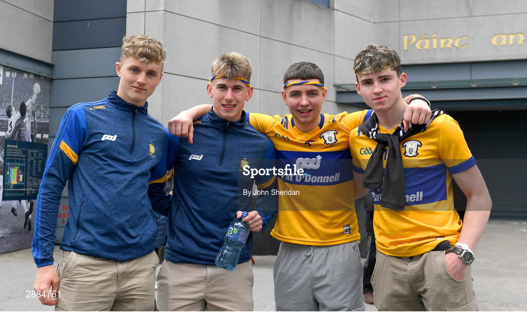 21 July 2024; Clare supporters, from left, Alex Leyden, Conor Rynne, Josh Daniels and Luke McGuane pose for a picture outside Croke Park before the GAA Hurling All-Ireland Senior Championship Final between Clare and Cork at Croke Park in Dublin. Photo by John Sheridan/Sportsfile