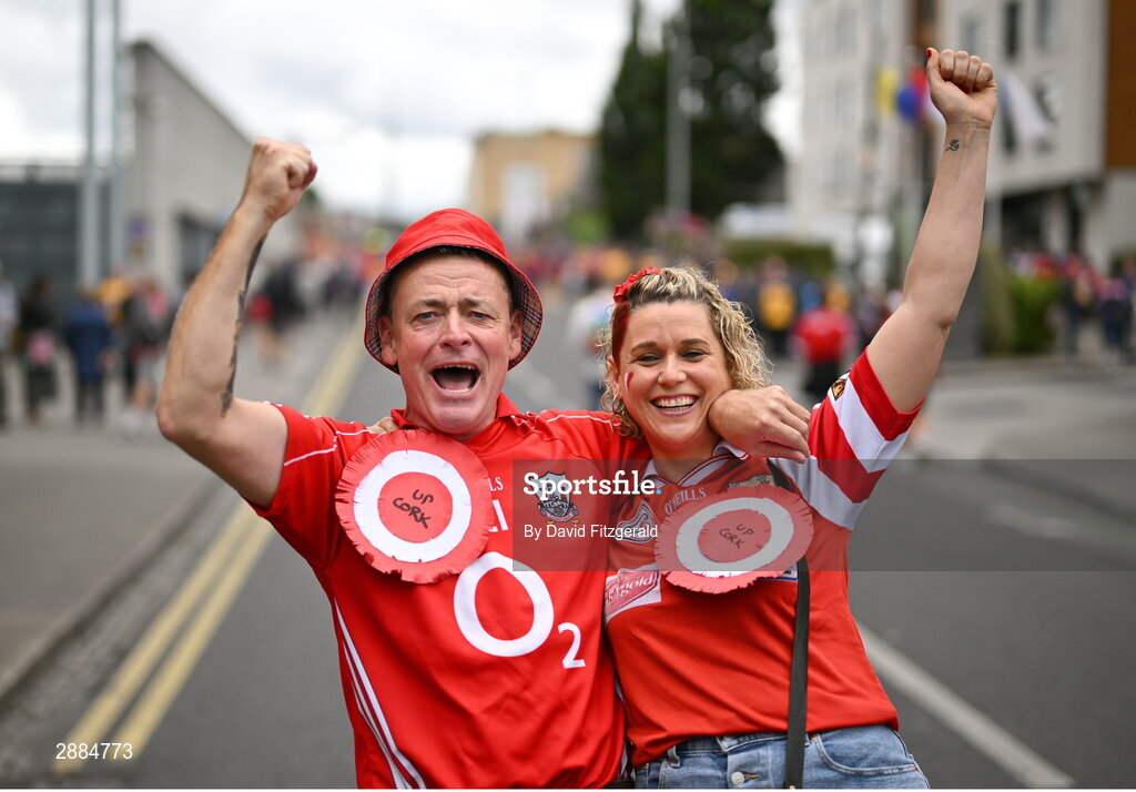 21 July 2024; Cork supporters Thomas and Eilish Farrell from Passage West, Cork, during the GAA Hurling All-Ireland Senior Championship Final between Clare and Cork at Croke Park in Dublin. Photo by David Fitzgerald/Sportsfile