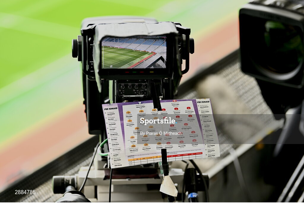 21 July 2024; A general view of a broadcast camera, with a programme taped to it for reference, before the GAA Hurling All-Ireland Senior Championship Final between Clare and Cork at Croke Park in Dublin. Photo by Piaras Ó Mídheach/Sportsfile