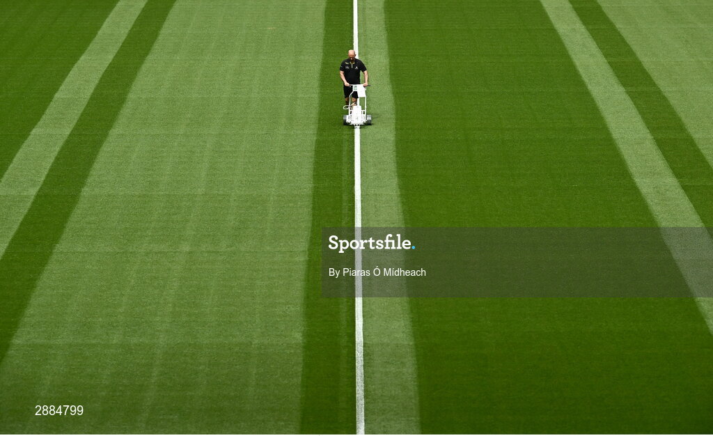 21 July 2024; Groundsman Darren Jepson painting lines on the pitch before the GAA Hurling All-Ireland Senior Championship Final between Clare and Cork at Croke Park in Dublin. Photo by Piaras Ó Mídheach/Sportsfile