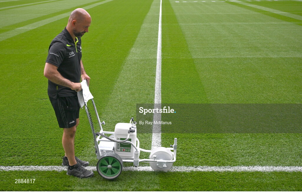21 July 2024; Groundsman Darren Jepson painting lines on the pitch before the GAA Hurling All-Ireland Senior Championship Final between Clare and Cork at Croke Park in Dublin Photo by Ray McManus/Sportsfile