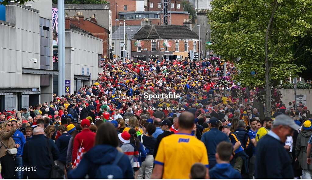 21 July 2024; Supporters on Jones' Road before the GAA Hurling All-Ireland Senior Championship Final between Clare and Cork at Croke Park in Dublin. Photo by Stephen McCarthy/Sportsfile