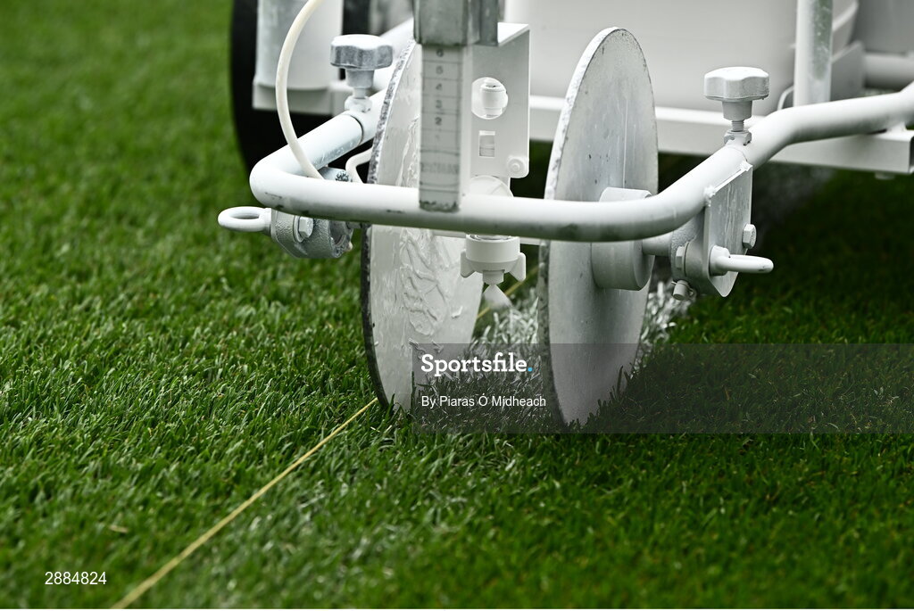 21 July 2024; A detailed view of a groundsman's line painting machine painting the endline before the GAA Hurling All-Ireland Senior Championship Final between Clare and Cork at Croke Park in Dublin. Photo by Piaras Ó Mídheach/Sportsfile