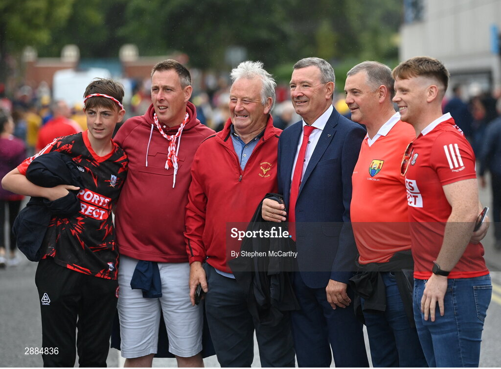 21 July 2024; Former Cork hurling manager Jimmy Barry Murphy poses for a photograph with supporters before the GAA Hurling All-Ireland Senior Championship Final between Clare and Cork at Croke Park in Dublin. Photo by Stephen McCarthy/Sportsfile