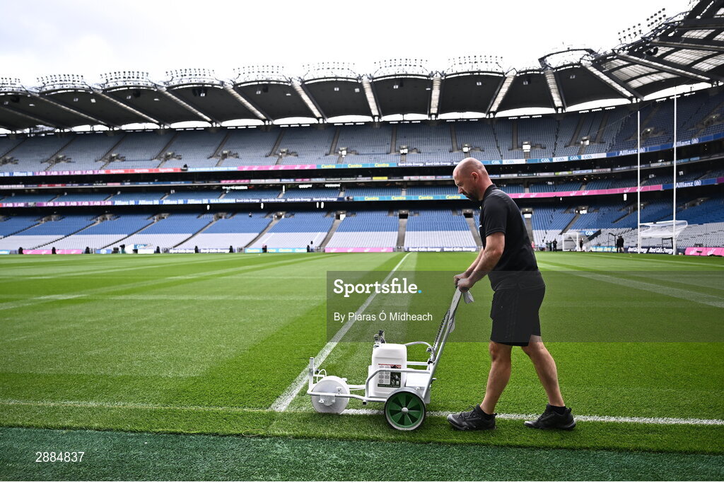 21 July 2024; Groundsman Darren Jepson painting lines on the pitch before the GAA Hurling All-Ireland Senior Championship Final between Clare and Cork at Croke Park in Dublin. Photo by Piaras Ó Mídheach/Sportsfile