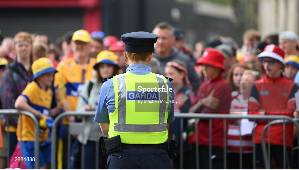 21 July 2024; A member of An Garda Síochána watches on before the GAA Hurling All-Ireland Senior Championship Final between Clare and Cork at Croke Park in Dublin. Photo by Stephen McCarthy/Sportsfile