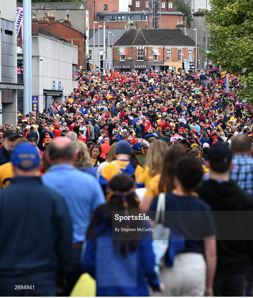21 July 2024; Supporters on Jones' Road before the GAA Hurling All-Ireland Senior Championship Final between Clare and Cork at Croke Park in Dublin. Photo by Stephen McCarthy/Sportsfile