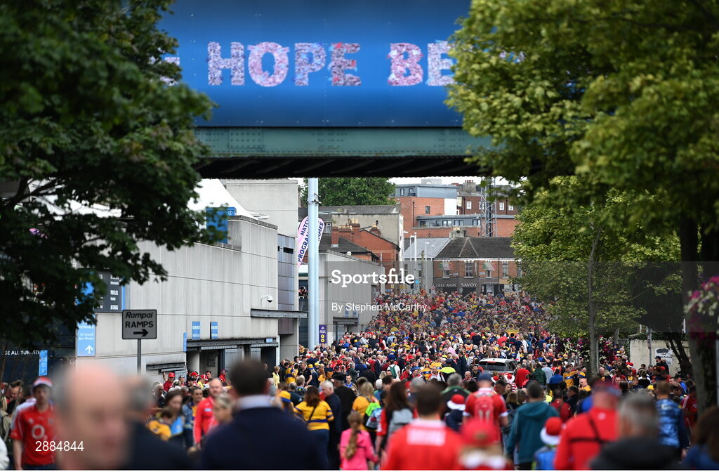 21 July 2024; Supporters on Jones' Road before the GAA Hurling All-Ireland Senior Championship Final between Clare and Cork at Croke Park in Dublin. Photo by Stephen McCarthy/Sportsfile