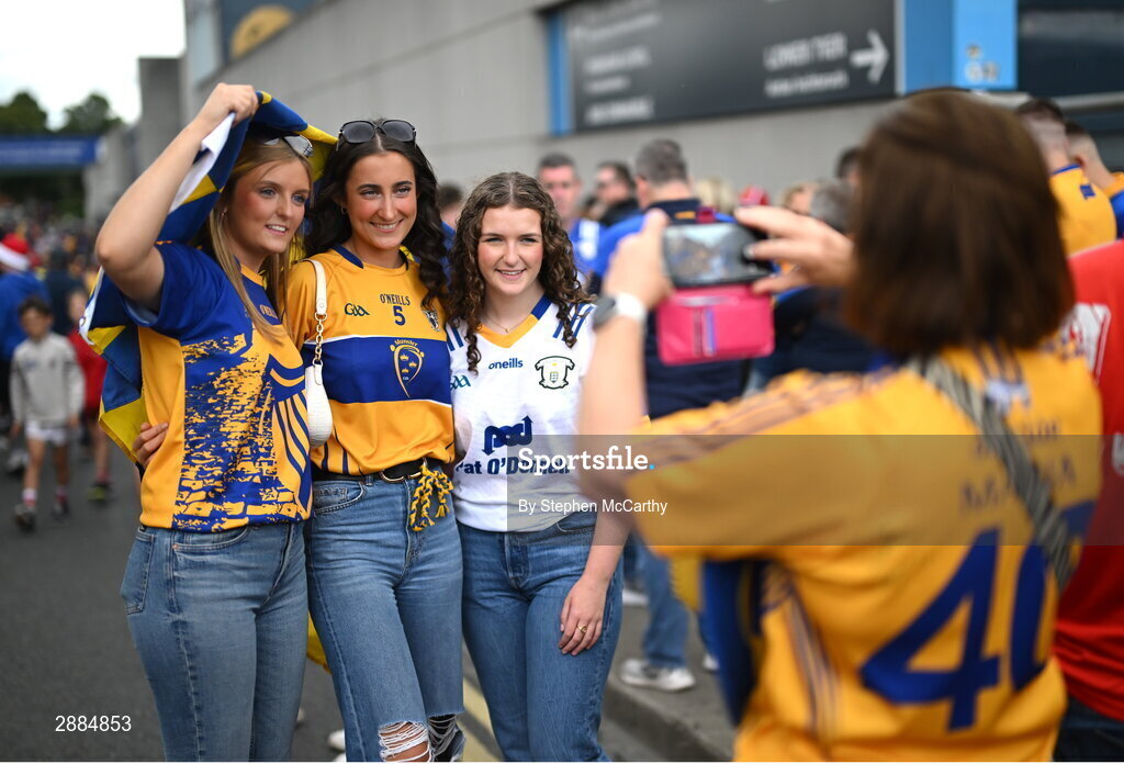 21 July 2024; Clare supporters pose for a photograph before the GAA Hurling All-Ireland Senior Championship Final between Clare and Cork at Croke Park in Dublin. Photo by Stephen McCarthy/Sportsfile