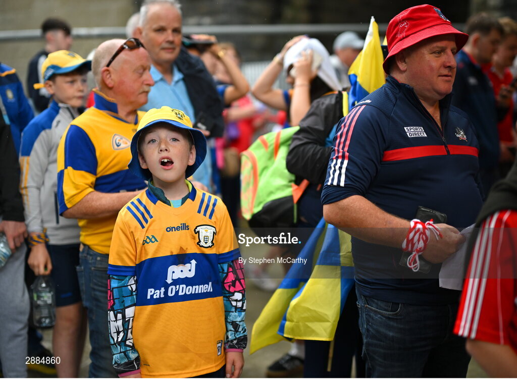 21 July 2024; A Clare supporter awaits to enter the stadium for the GAA Hurling All-Ireland Senior Championship Final between Clare and Cork at Croke Park in Dublin. Photo by Stephen McCarthy/Sportsfile