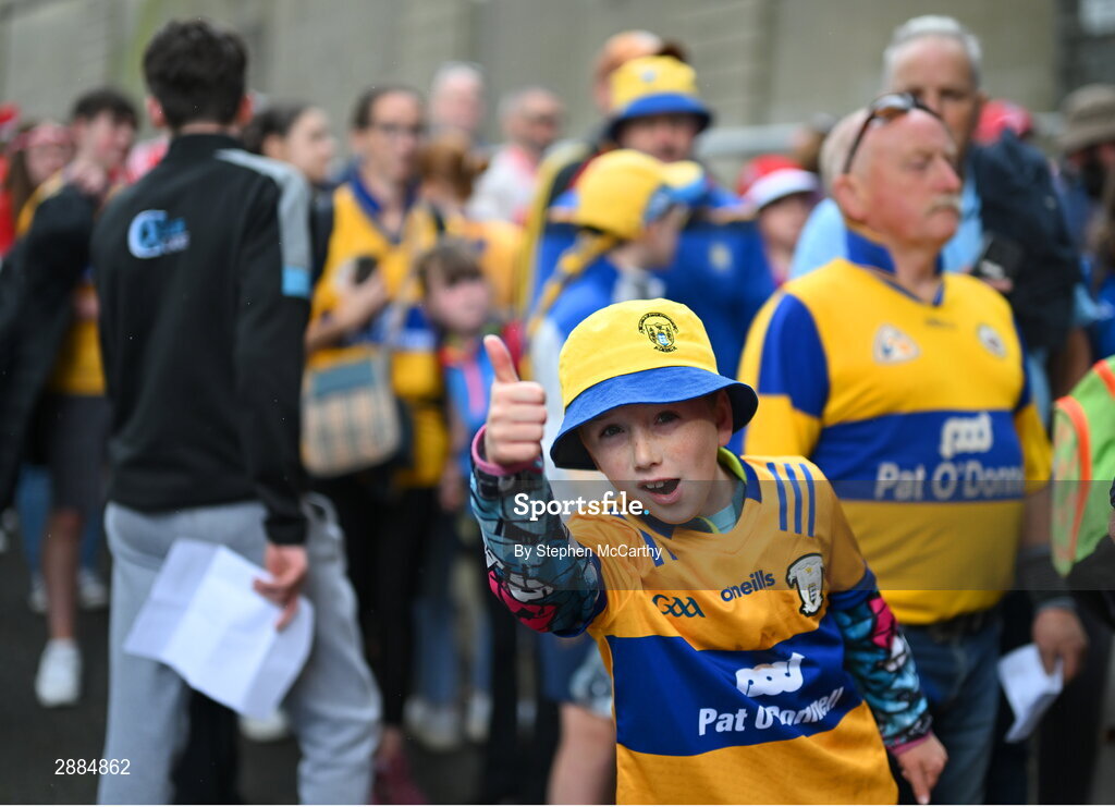 21 July 2024; A Clare supporter awaits to enter the stadium for the GAA Hurling All-Ireland Senior Championship Final between Clare and Cork at Croke Park in Dublin. Photo by Stephen McCarthy/Sportsfile