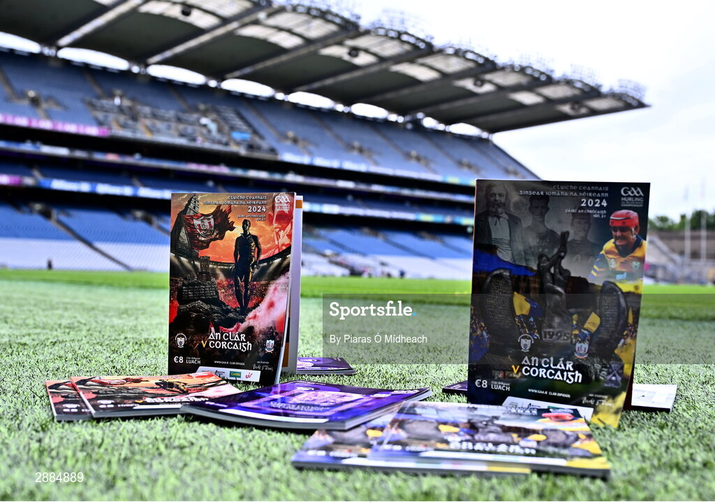21 July 2024; The three different types of official match programe before the GAA Hurling All-Ireland Senior Championship Final between Clare and Cork at Croke Park in Dublin. Photo by Piaras Ó Mídheach/Sportsfile