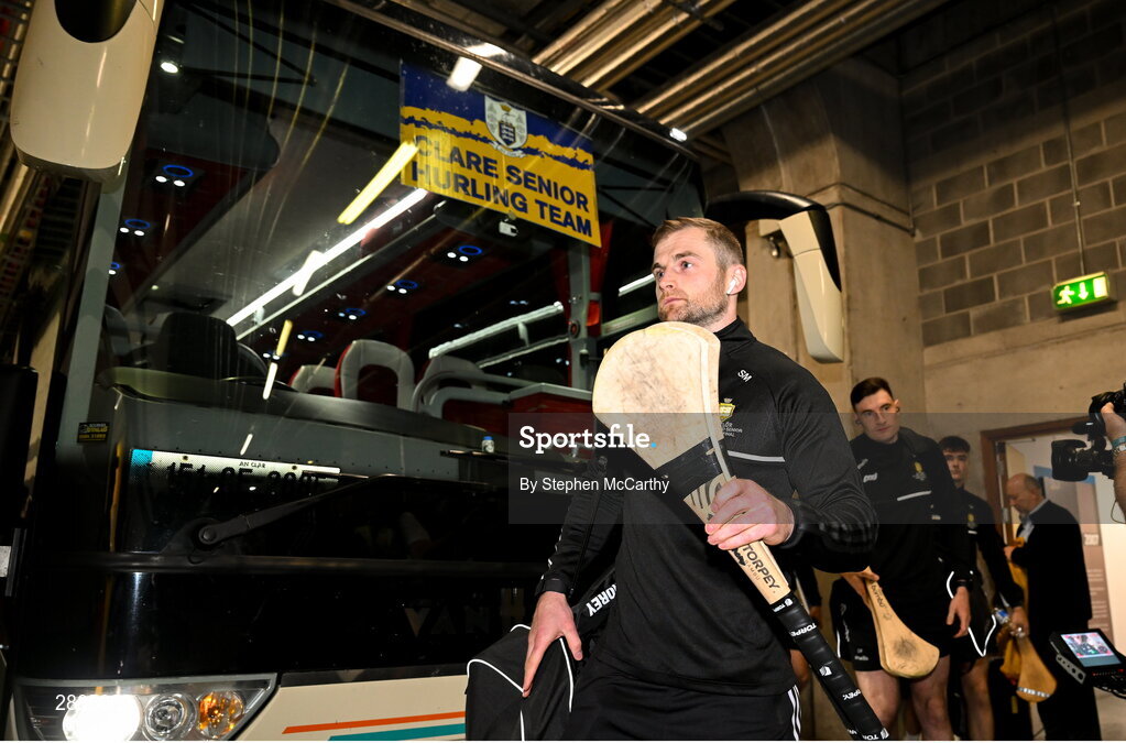 21 July 2024; Seadna Morey of Clare arrives for the GAA Hurling All-Ireland Senior Championship Final between Clare and Cork at Croke Park in Dublin. Photo by Stephen McCarthy/Sportsfile