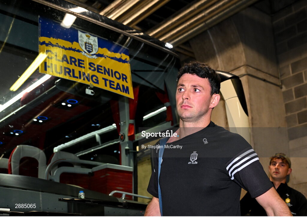 21 July 2024; Cathal Malone of Clare arrives for the GAA Hurling All-Ireland Senior Championship Final between Clare and Cork at Croke Park in Dublin. Photo by Stephen McCarthy/Sportsfile