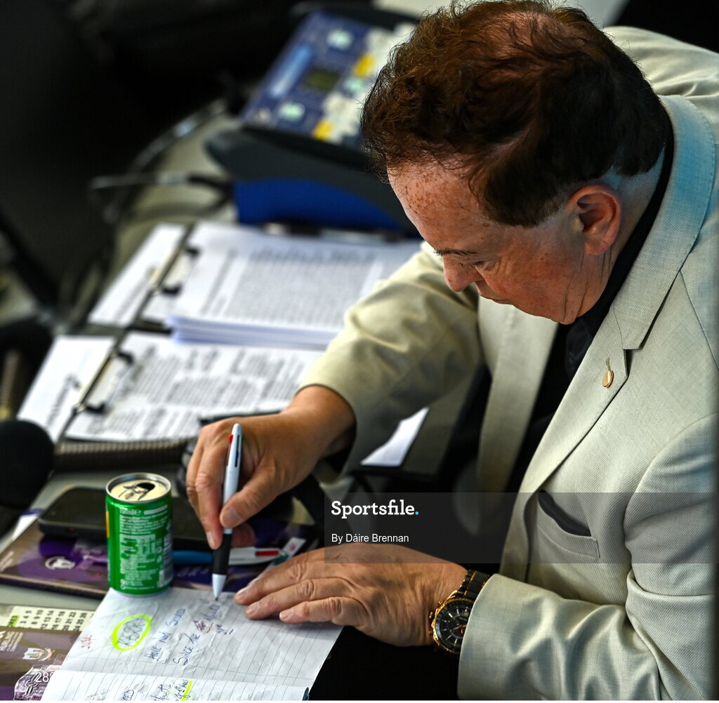 21 July 2024; RTÉ commentator Marty Morrissey prepares his notes ahead of the GAA Hurling All-Ireland Senior Championship Final between Clare and Cork at Croke Park in Dublin. Photo by Daire Brennan/Sportsfile