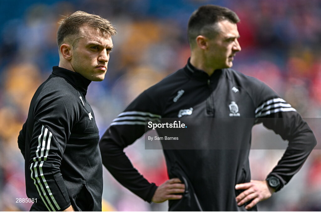 21 July 2024; Shane O'Donnell of Clare, left, walks the pitch before the GAA Hurling All-Ireland Senior Championship Final between Clare and Cork at Croke Park in Dublin. Photo by Sam Barnes/Sportsfile