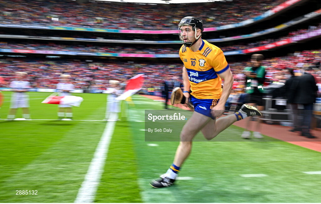 21 July 2024; Tony Kelly of Clare leads his side out before the GAA Hurling All-Ireland Senior Championship Final match between Clare and Cork at Croke Park in Dublin. Photo by Seb Daly/Sportsfile