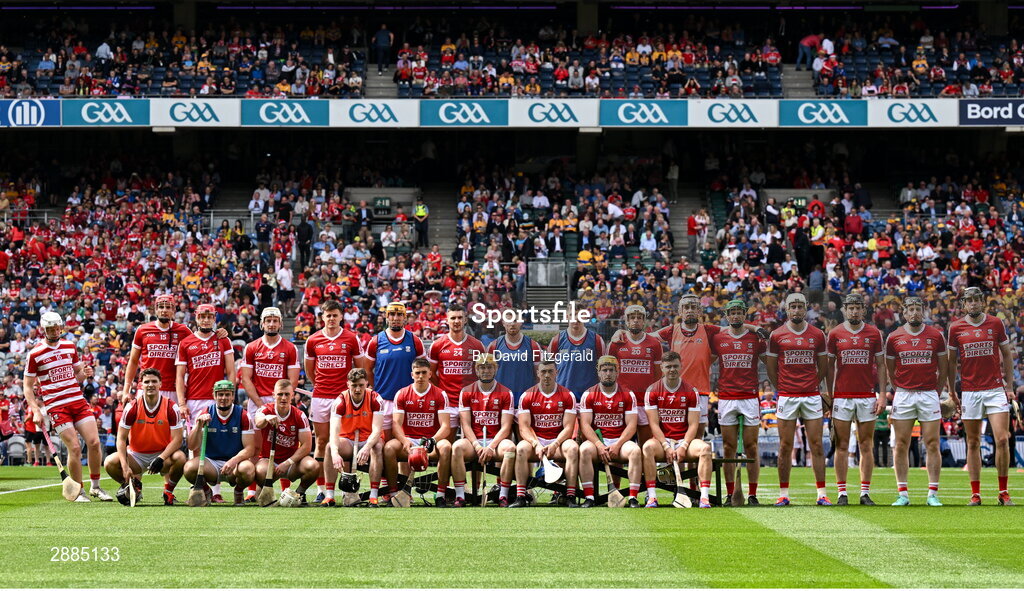 21 July 2024; The Cork team before the GAA Hurling All-Ireland Senior Championship Final between Clare and Cork at Croke Park in Dublin. Photo by David Fitzgerald/Sportsfile