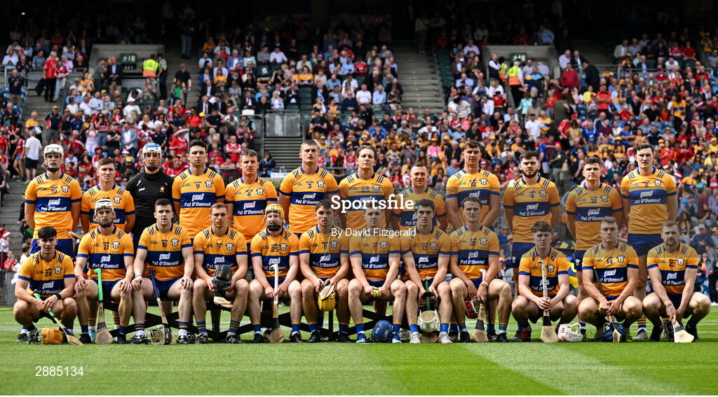 21 July 2024; The Clare team before the GAA Hurling All-Ireland Senior Championship Final between Clare and Cork at Croke Park in Dublin. Photo by David Fitzgerald/Sportsfile